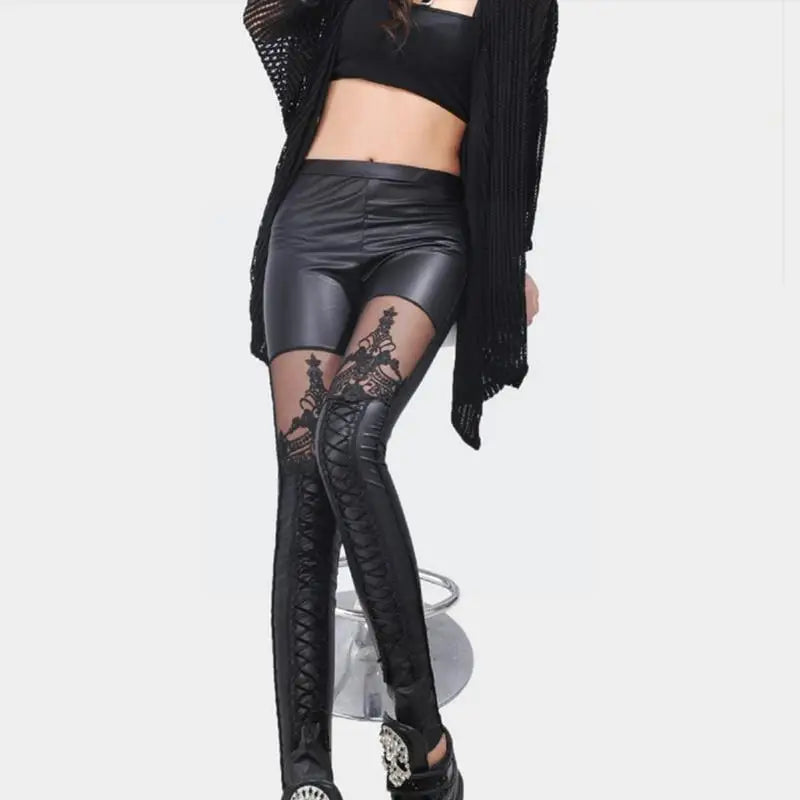 Stylish Sexy Women Faux Leather Gothic Punk Leggings Pants Skinny Lace Pants Imitation Pants Nine-point Leather Belt Trouse