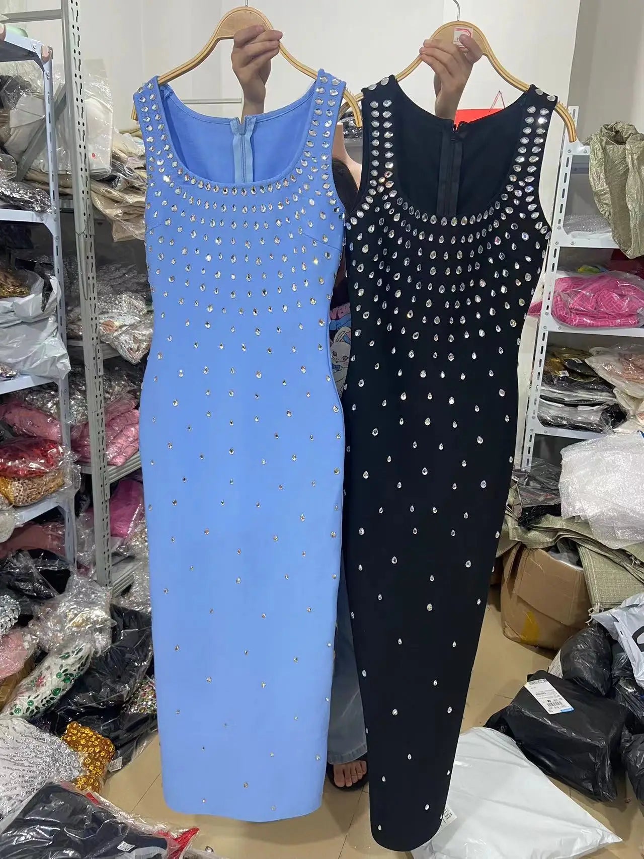 Top Quality Women Sleeveless Sexy O-Neck Shinning Crystal Bodycon Bandage Long Dress Evening Party Celebrate Cocktail Outfit