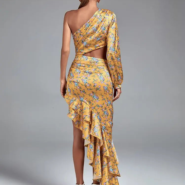 Floral Print Long Dress Women Luxury Evening Party Dress Elegant Ruffle Sexy One Shoulder Birthday Club Outfits Summer 2023