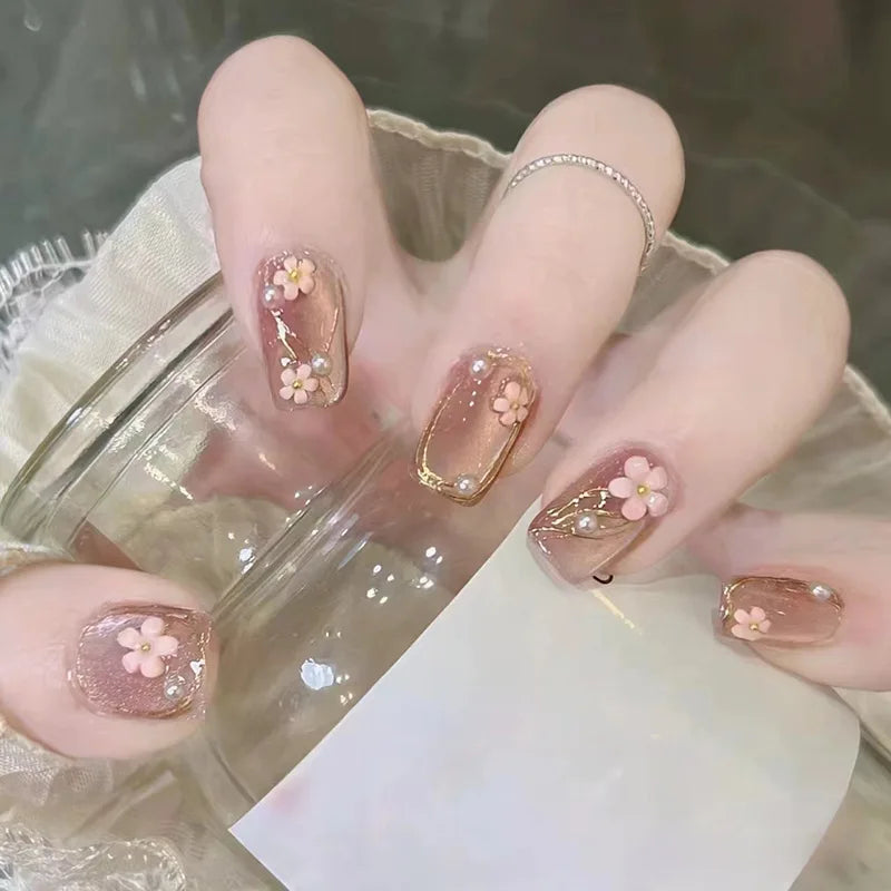 24pcs/set short medium fake nails beautiful flowers design fall winter square ballet acrylic tips press on false nail art supply