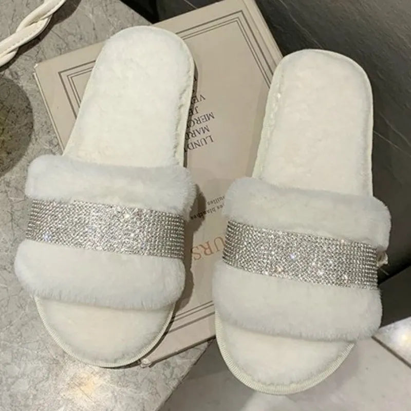 Winter Luxury Rhinestone Women Warm Fur Slippers Cozy Fluffy Furry Slides Crystal Flat Indoor Design Home Shoes Ladies 43 WHITE
