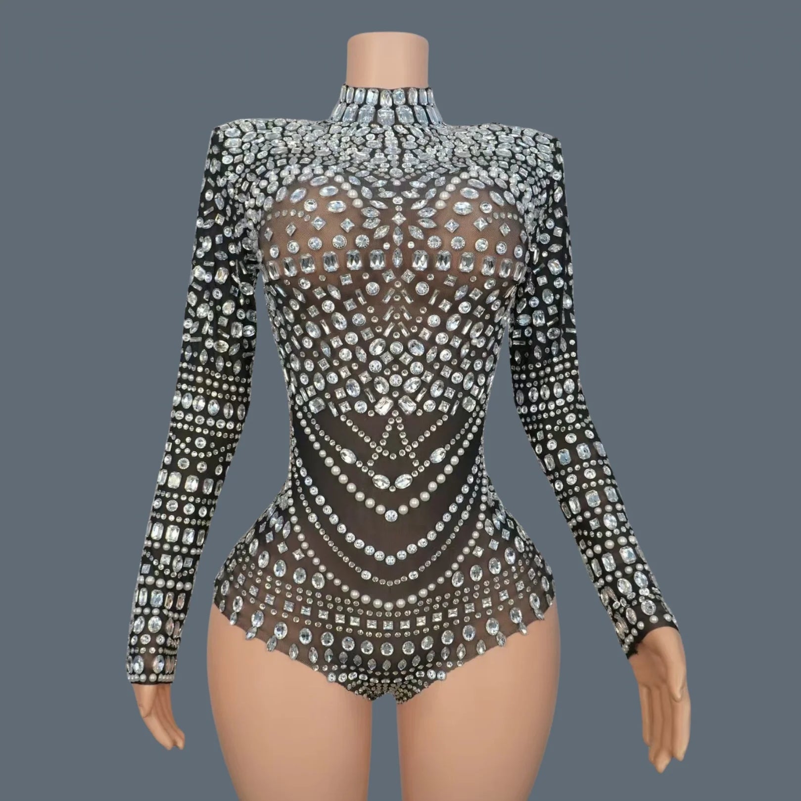 Sparkly Rhinestone Black See Through Mesh Bodysuit Women Sexy Dance Performance Wear Night Party Stage High-end Outfit Heimanba