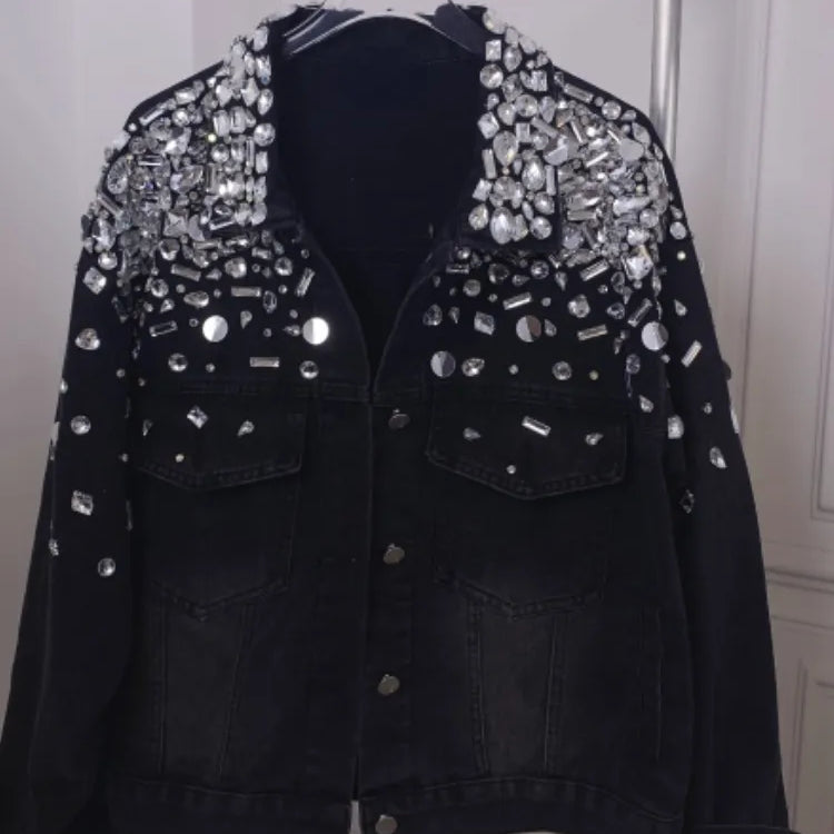 Studded Black Denim Jacket Woman Fashion Brand Designer Model Heavy Industry Rhinestone Beaded Sequins Street Diamond Jean Coat black