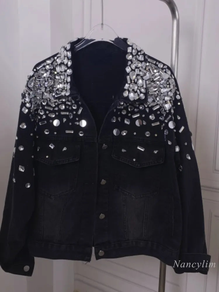 Studded Black Denim Jacket Woman Fashion Brand Designer Model Heavy Industry Rhinestone Beaded Sequins Street Diamond Jean Coat black