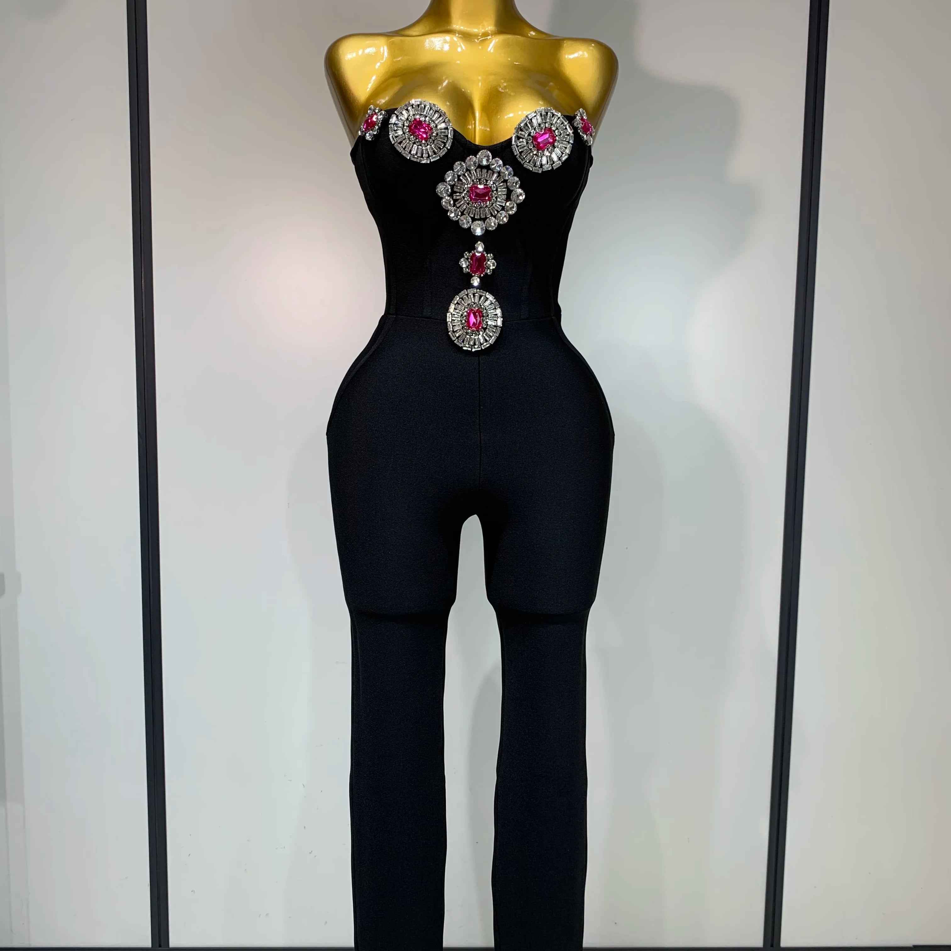 Fashion Celebrate Sparkly Rhinestone Women Sexy Strapless Bodycon Bandage Jumpsuit Runway Nightclub Party Luxury Birthday Outfit