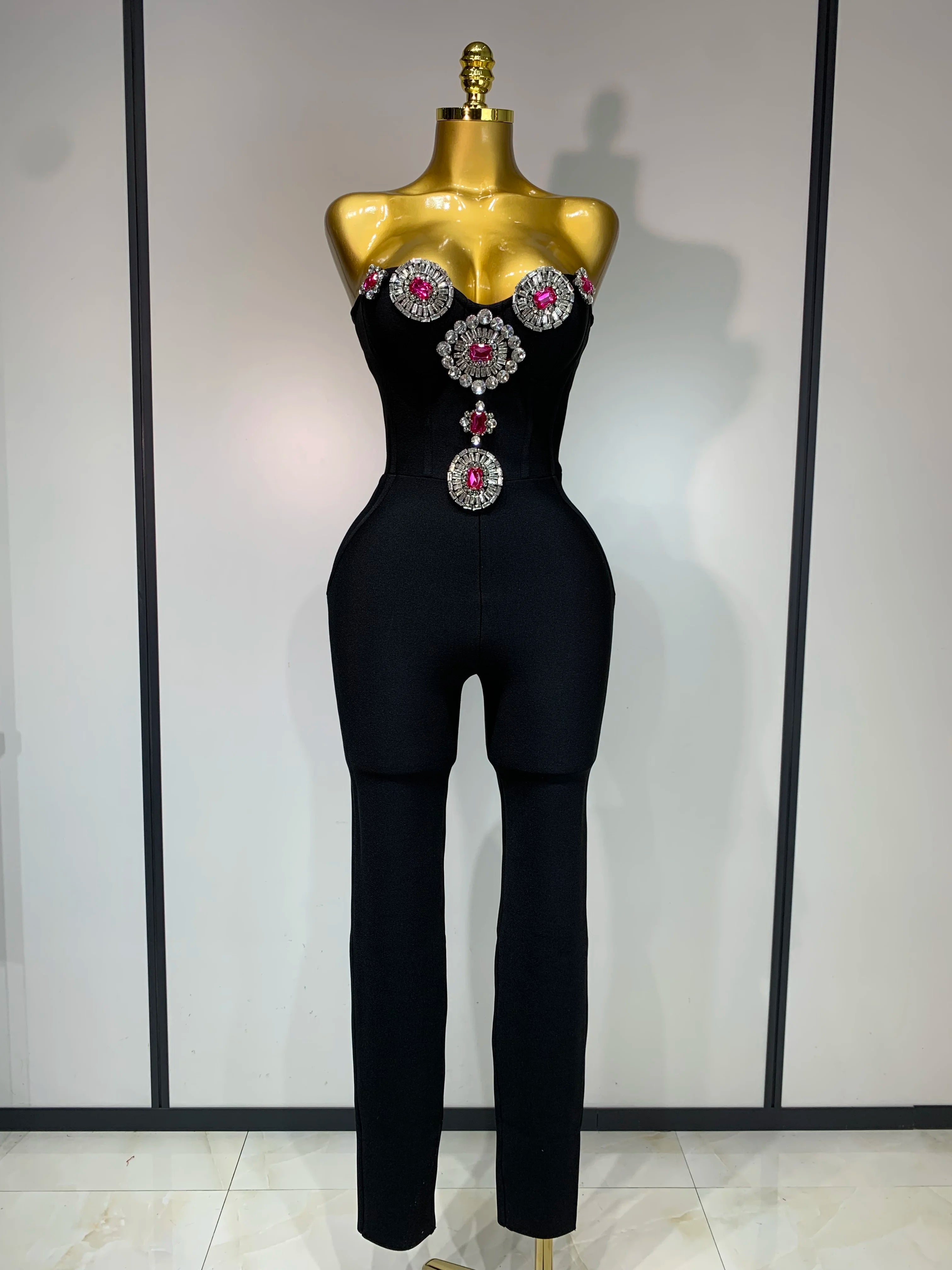 Moda Celebrar Brilhante Strass Mulheres Sexy Sem Alças Bodycon Bandagem Macacão Passarela Boate Festa Luxo Aniversário Traje