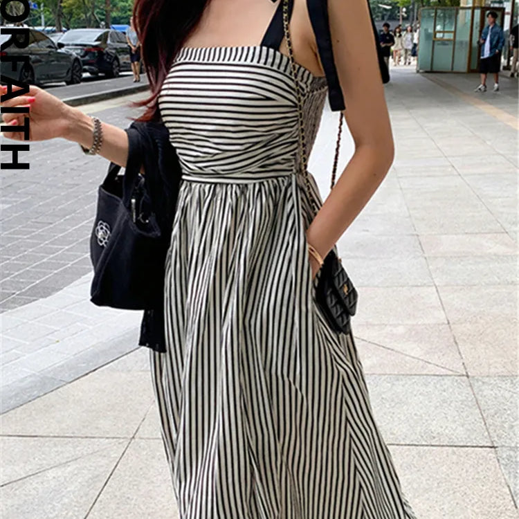 Chic Sleeveless Lace Up Striped High Waist Fashion Elegant Holiday Women's Spring Summer Long Dresses