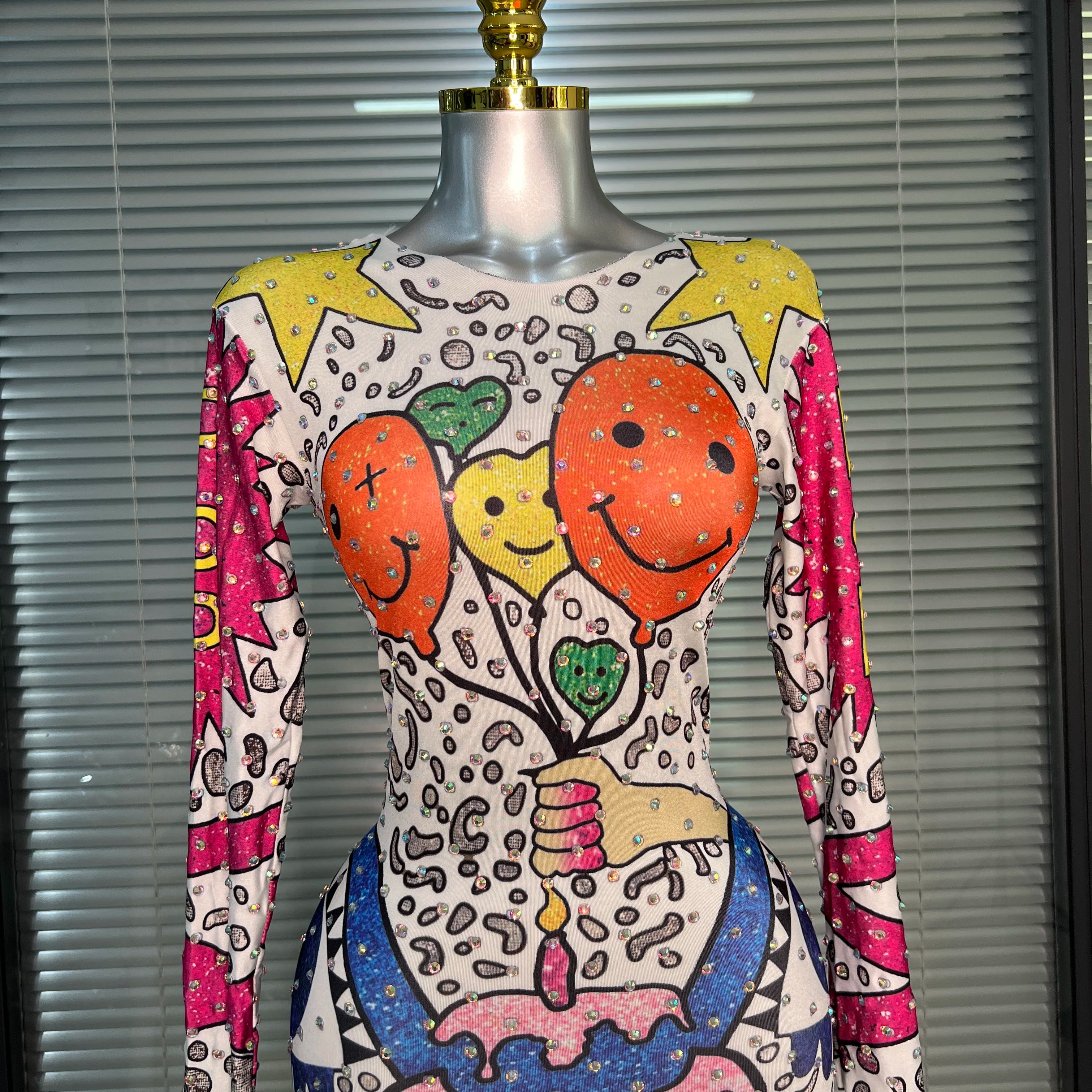 Women Sexy Crystal Stretchy Bodycon Jumpsuit Celebrity Designer Singer Dancer Print Night Club Rompers