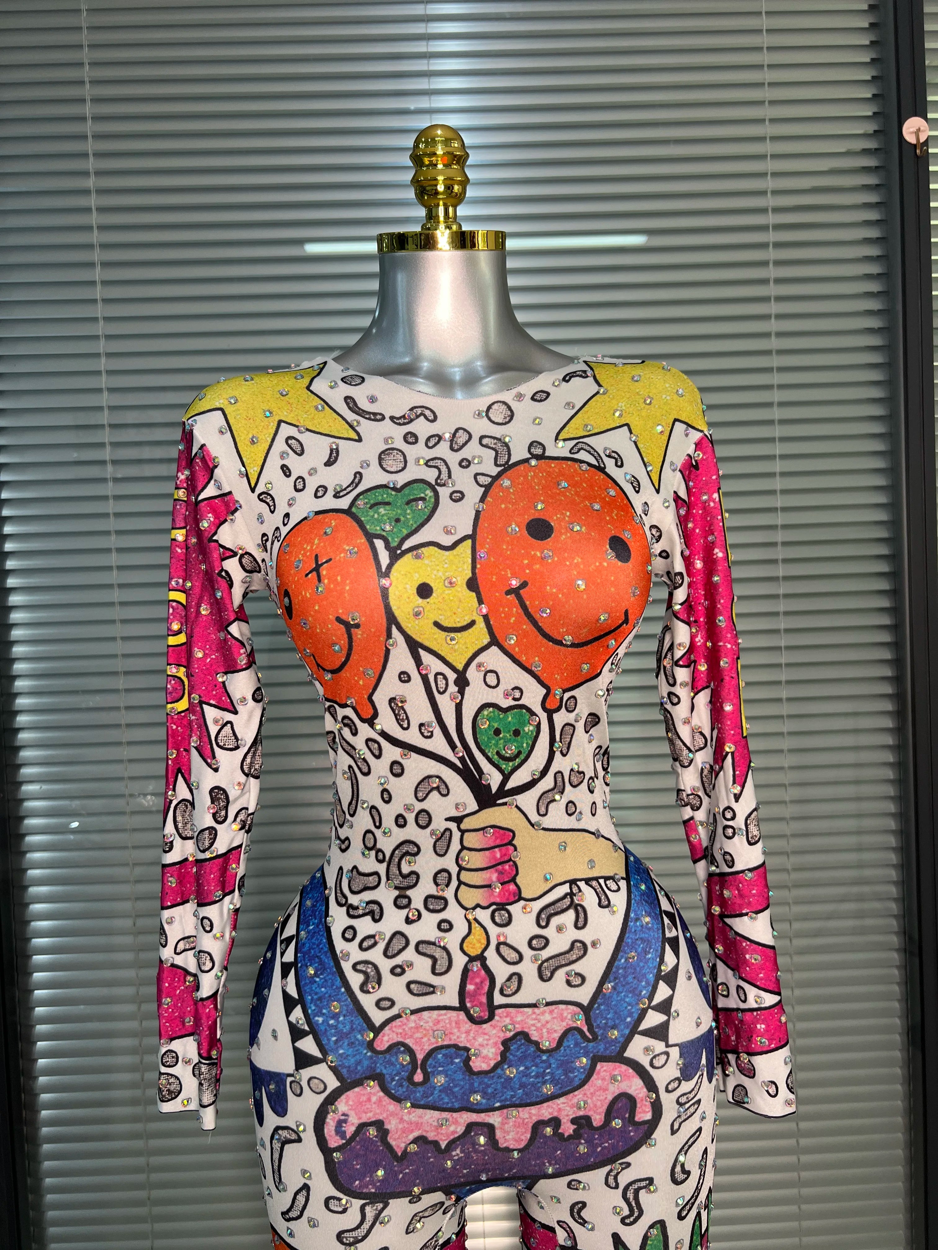 Women Sexy Crystal Stretchy Bodycon Jumpsuit Celebrity Designer Singer Dancer Print Night Club Rompers