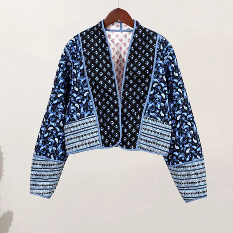 TRAFZA Women's Flower Print Coat Quilted Reversible Long Sleeve Open Front Two In One Jackets Autumn Vintage Streetwear