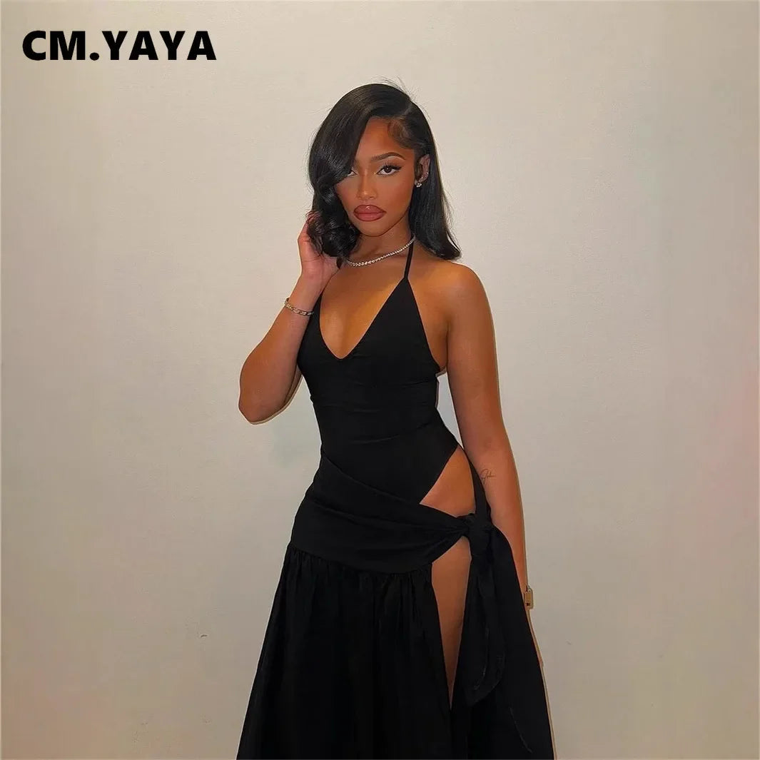 CM.YAYA Summer Women Halter Sleeveless V-Neck Tie Up High Side Split High Waist A-Line Dress Night Club Party Dresses Vestidos