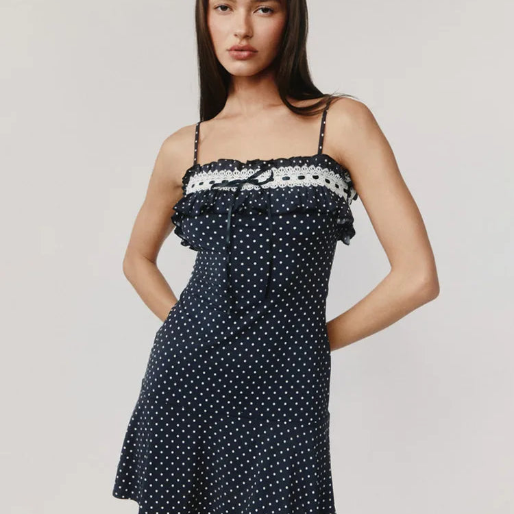 Spaghetti Strap Polka Dot Mini Dress For Women Robe Contrast Color Off-shoulder Sleeveless Backless Club Party Dress