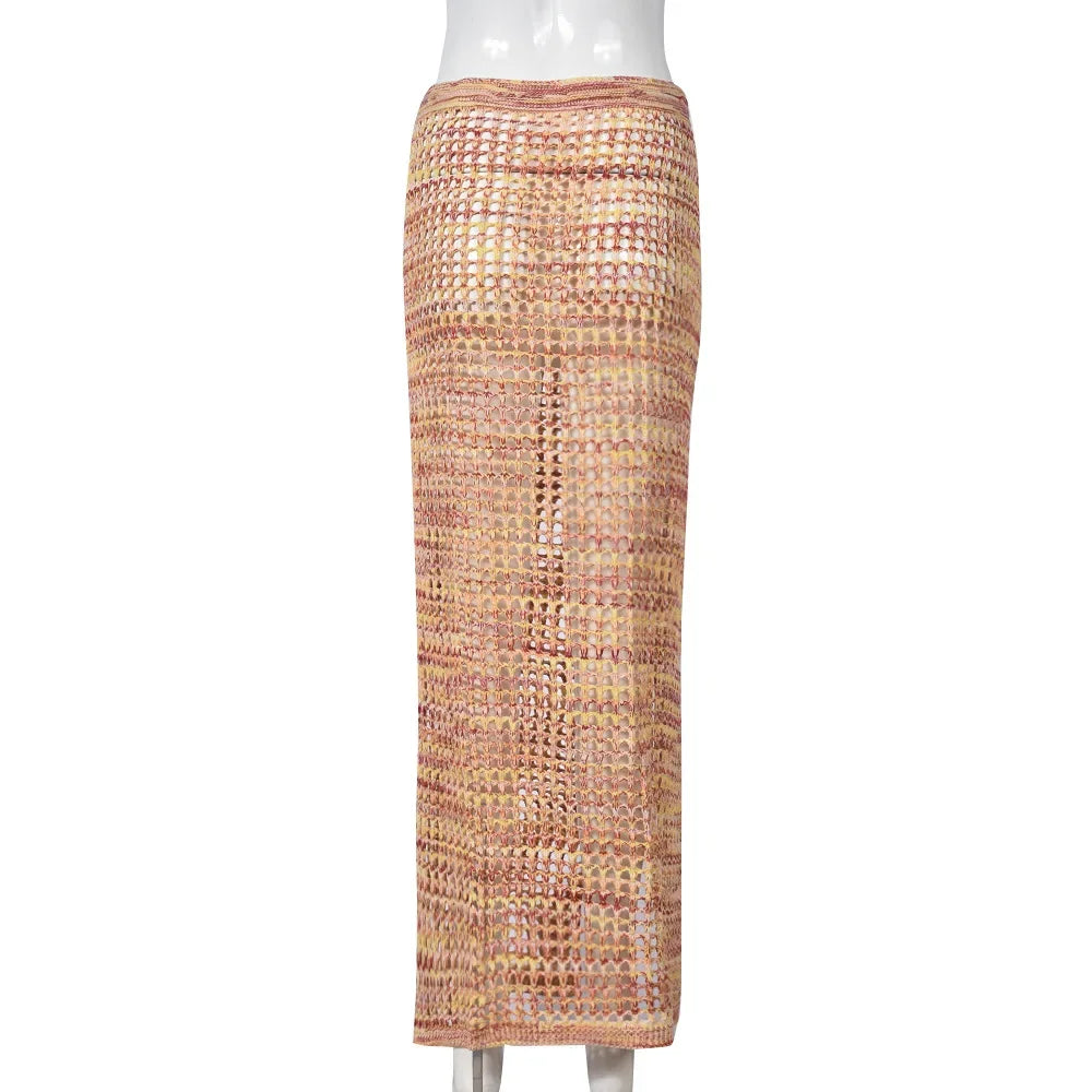 Colorful Crochet Knitted Women Summer Beach Maxi Skirt Hollow Out Side Split Lace Up High Waist Stretch Holiday Bikini Cover Ups