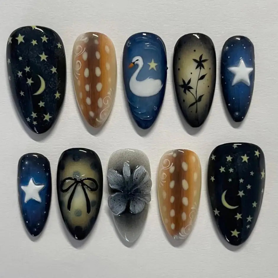24pcs Sweet Almond Press on Nails y2k Fruit Bow Print False Nail Tips Wearable Spicy Girl Sweet Cool 2D Pattern Fake Nails