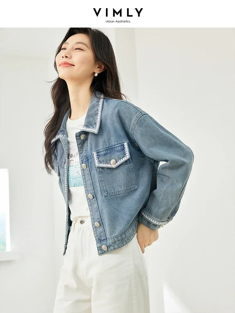 Vintage Lapel Long Sleeve Jean Jacket for Women Autumn Casual Straight Loose Denim Jackets Fall Female Clothing