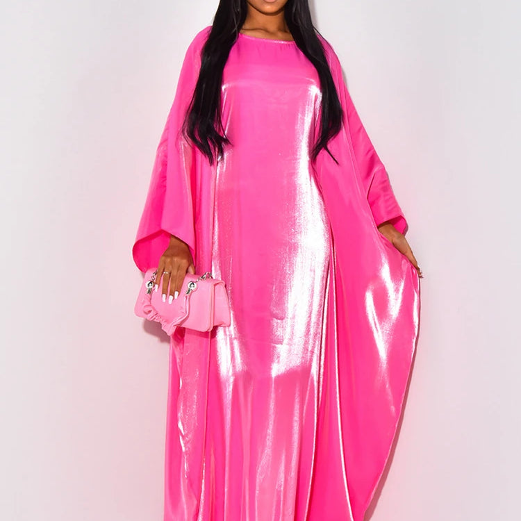 CM.YAYA Women Loose O-neck Full Batwing Sleeve Long Maxi Dress Summer Satin Vintage Africa Streetwear Vestido Evening Dresses