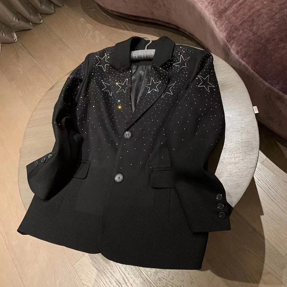 TWOTWINSTYLE Solid Spliced Bedazzle Jackets for Women Lapel Long Sleeves Patchwork Single Breasted Temperament Jacket Female New