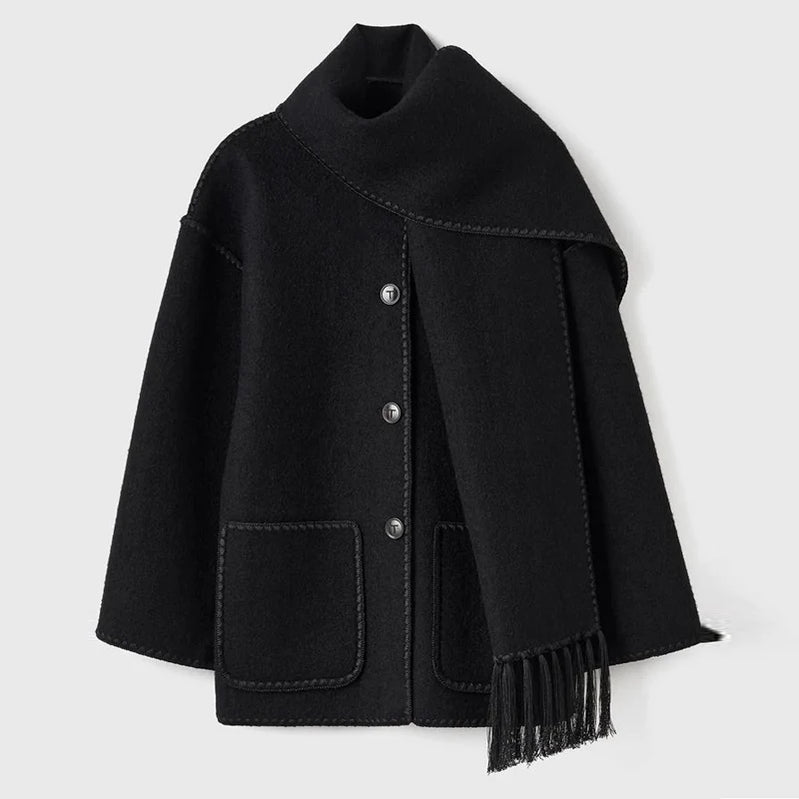 Fashion Embroidery Coat With Scarf For Women Long Sleeve Pockets Jacket Female Autumn Single Breasted Loose Lady Streetwear as picture 1