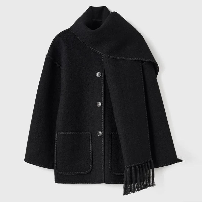Fashion Embroidery Coat With Scarf For Women Long Sleeve Pockets Jacket Female Autumn Single Breasted Loose Lady Streetwear as picture 1