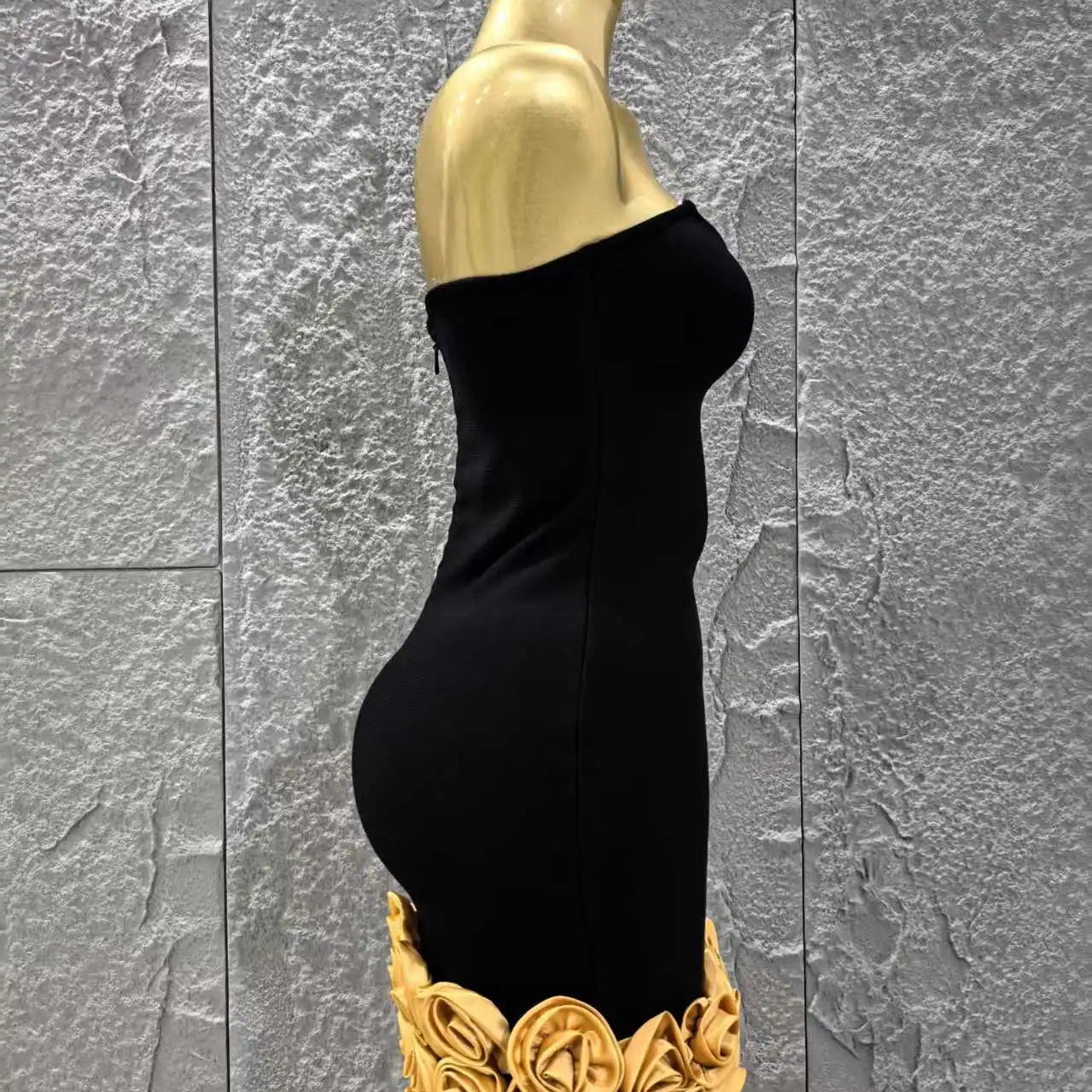 Vestido curto bandage preto dourado floral feminino, sexy, sem alças, justo, para festa de aniversário e férias