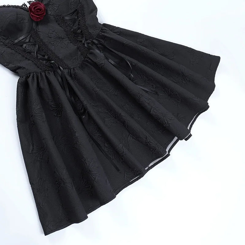 Goth Dark Tie Up Mall Gothic Elegant Women Dresses Grunge Aesthetic Jacquard A-Line Dress Emo Lace Trim Black Party Alt Clothes