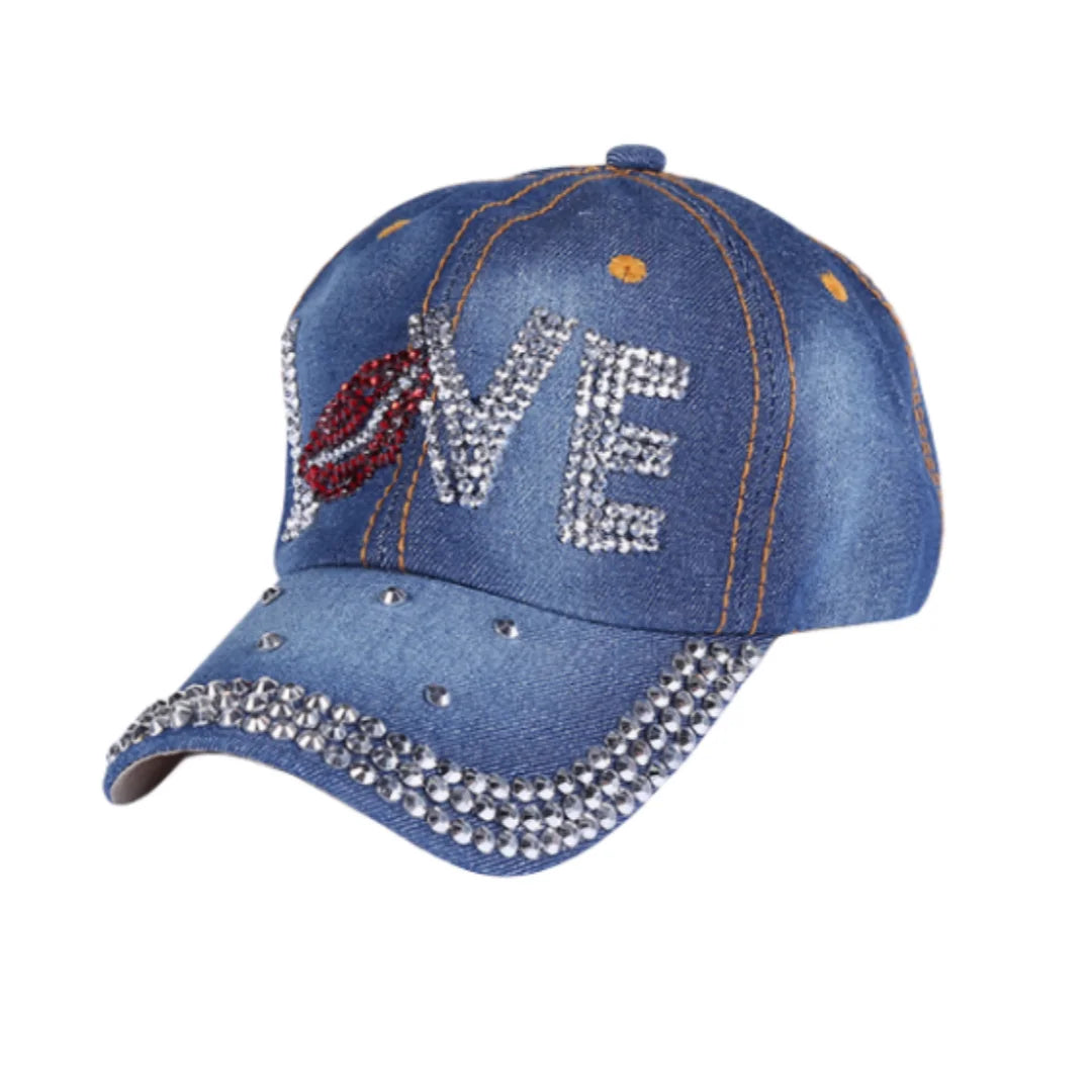 Fashion Rhinestone Hat Butterfly / Star / Crown/Love Denim Baseball Spring Summer Outdoor Hat Peaked Cap LOVE DarkBlue Adjustable