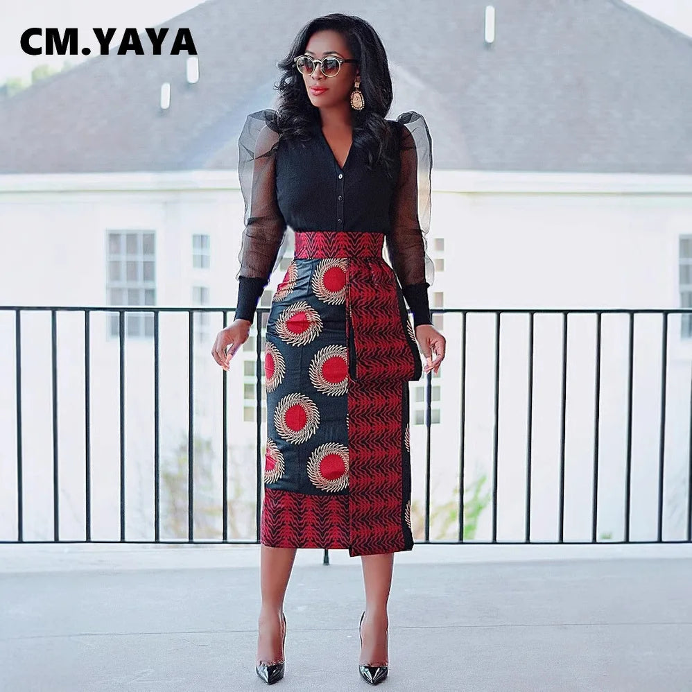 CM.YAYA Women Skirts Print High Waist Stretchy Bodycon Midi Skirt Ladies Vintage Fashion Streetwear 2024 Autumn Winter Elastic