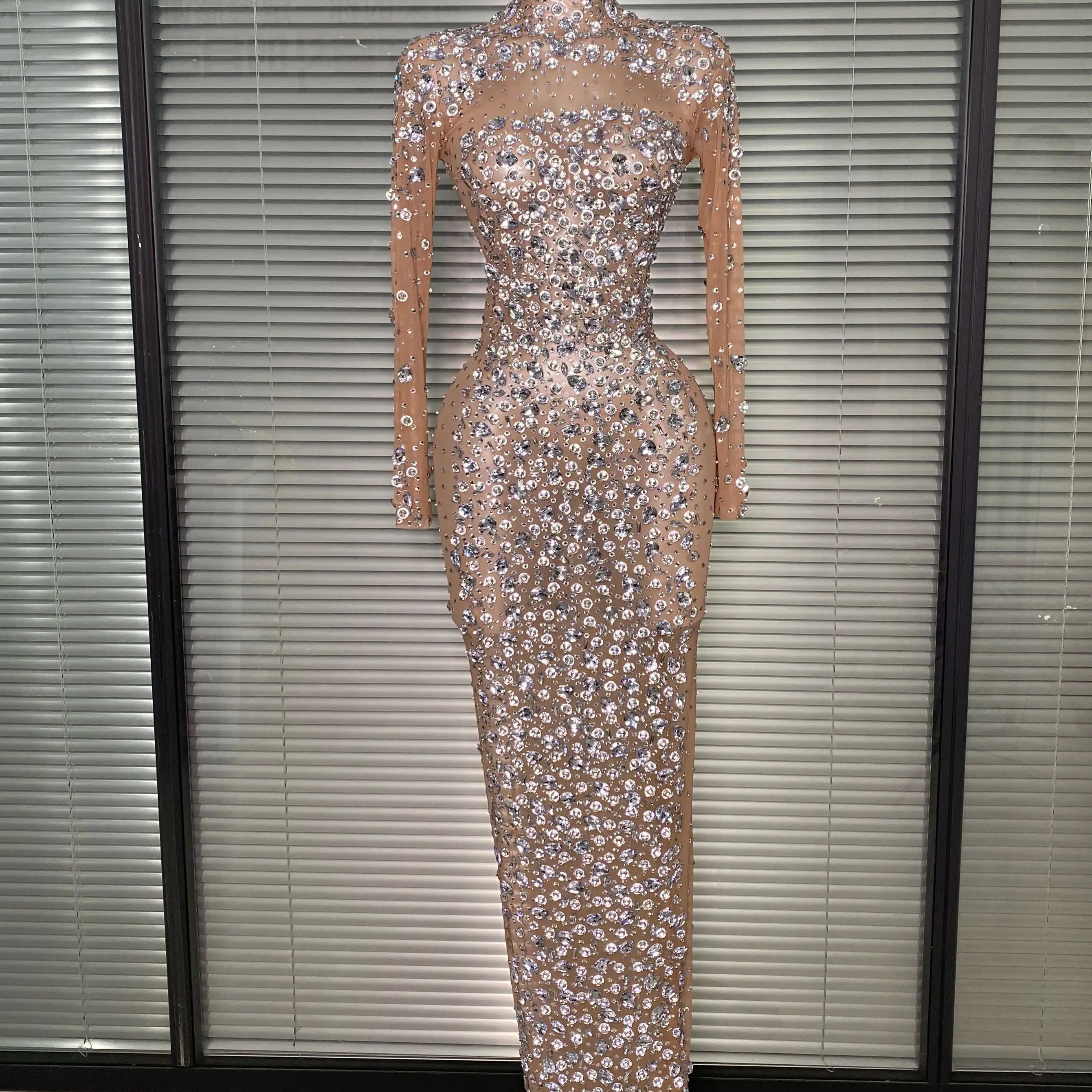 New Women Sexy Long Sleeve See Through Crystal Diamonds Maxi Dress Birthday Party Costume Bar Skin Singer Stage Costume