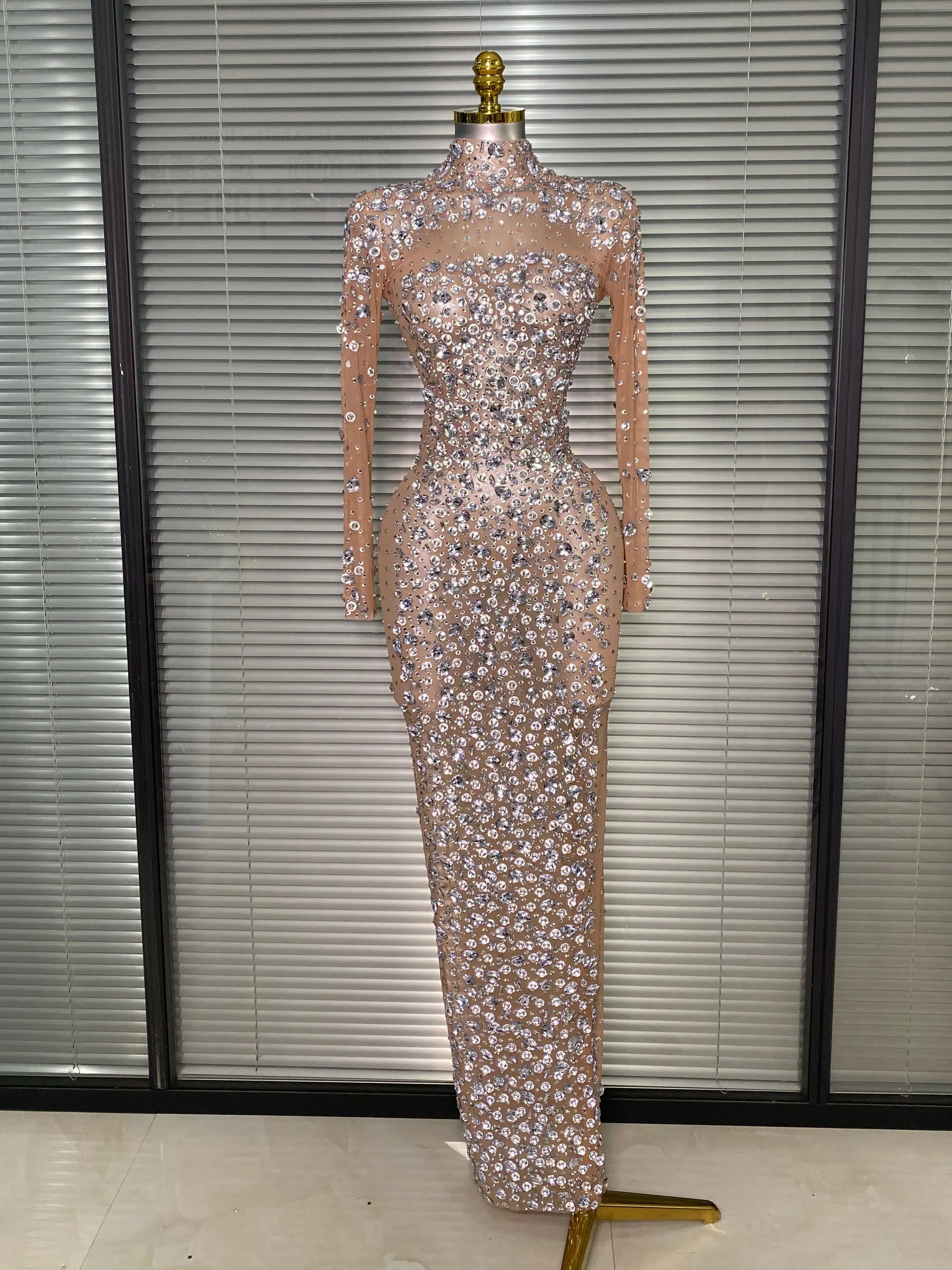 New Women Sexy Long Sleeve See Through Crystal Diamonds Maxi Dress Birthday Party Costume Bar Skin Singer Stage Costume