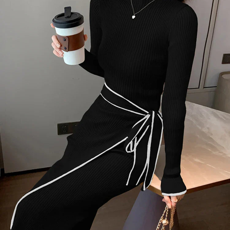 Women Knitted Dress New Autumn Winter Slim Lace-Up Long Sleeve Bottoming Sweater Skirt Elegant Fashion Office Female Vestidos