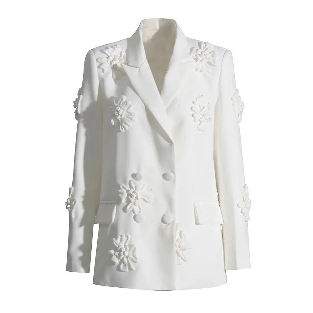 TWOTWINSTYLE Solid Patchwork Appliques Two Piece Sets For Women Lapel Long Sleeve Coat High Waist Pant Chic Set Female Clothing WHITETOP