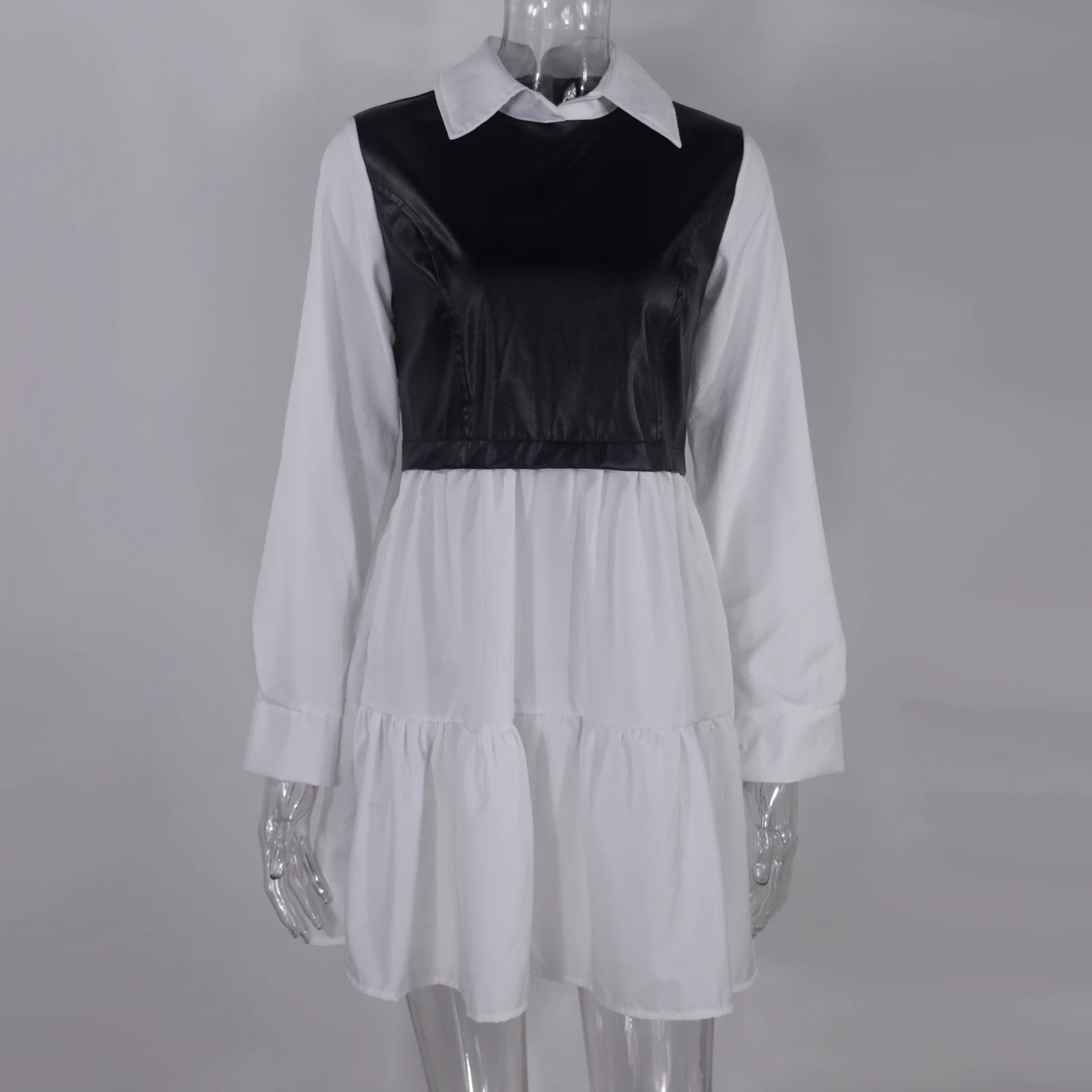 Casual Long Sleeve White Shirt Dress For Women Autumn PU Leather Patchwork Plaid Sweet Office Ladies Mini Dresses Vestidos