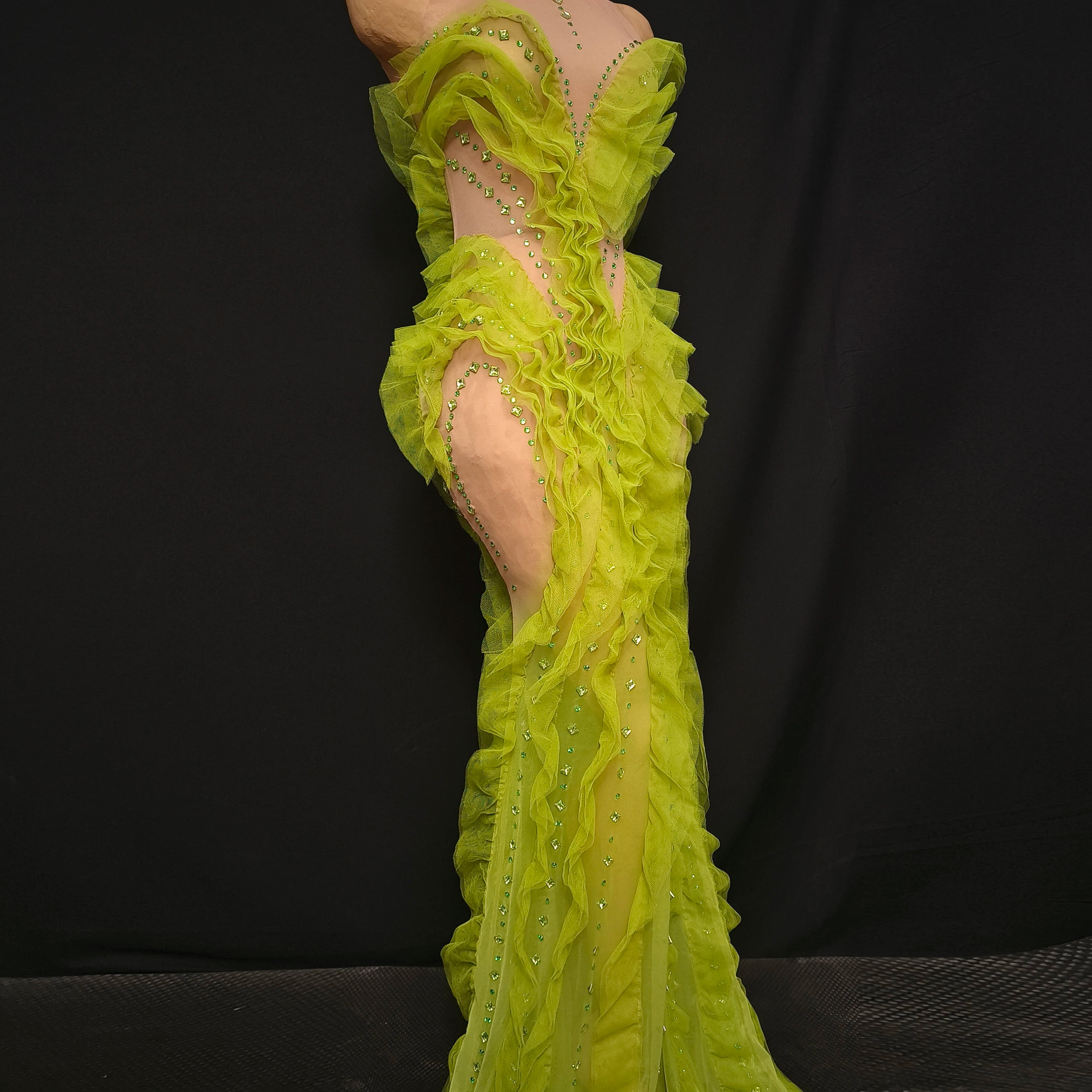 Women Sexy Mesh Crystal Fancy Maxi Dress See Through Neon Green Party Singer Party Costume Stage Performance Dress