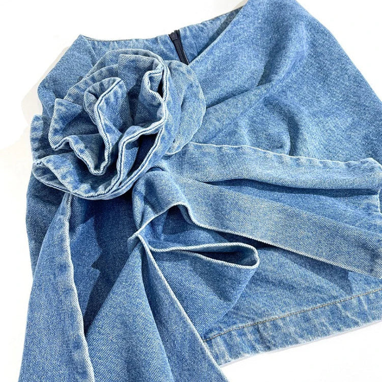 DEAT Fashion Women's Skirt High Waist Three-dimensional Rose Flower Asymmetric Blue Denim Short Skirts Summer New 17A8357