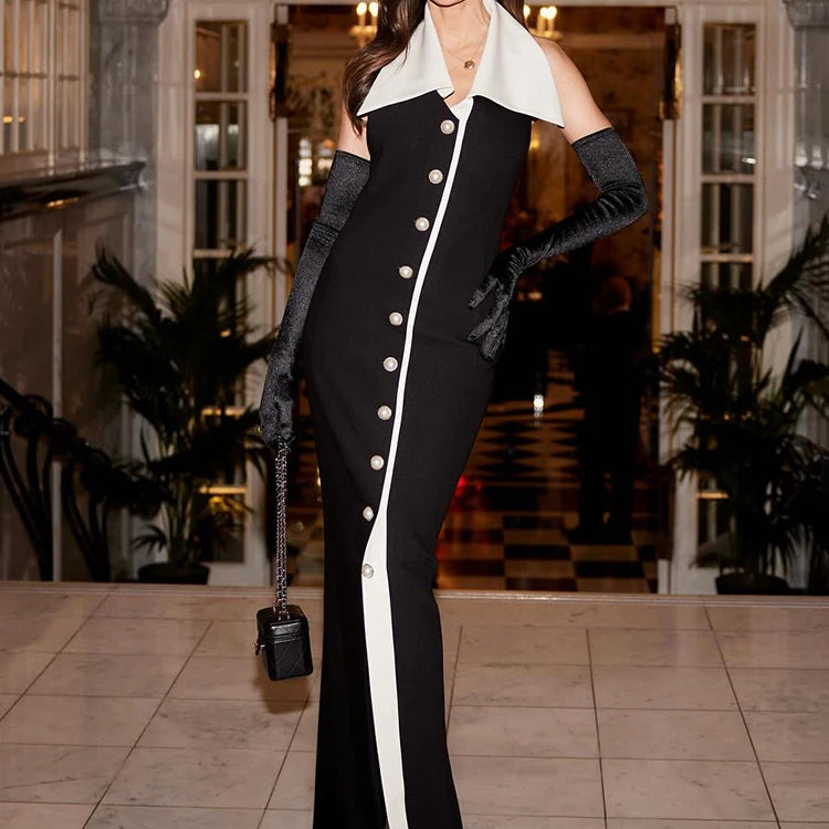 VC Formal Pearl Button Pleat A-line Black Midi Dress Color Contrasting Turndown Collar Single Breasted Party Evening Gowns