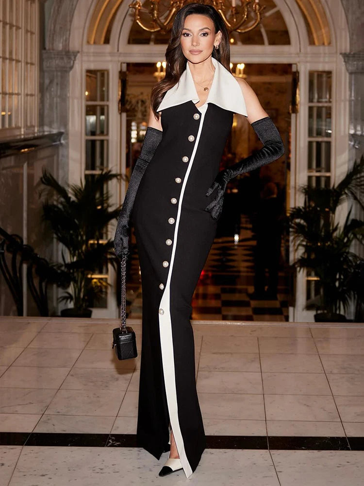 VC Formal Pearl Button Pleat A-line Black Midi Dress Color Contrasting Turndown Collar Single Breasted Party Evening Gowns