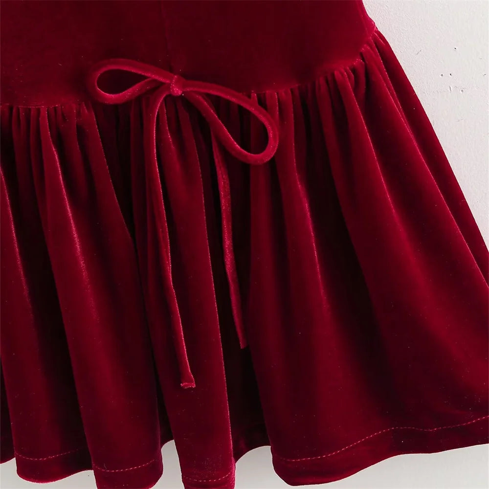 UNIZERA Retro Style Bow Tie Velvet Dress Winter Round Neck Sleeveless Solid Color Slimming Short Skirt
