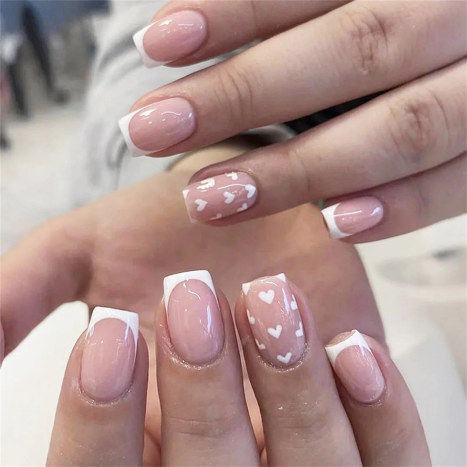 Minimalist Nude Color Fake Nails 24Pcs White French Press On Nail Love Heart Printed Women Valentine's Day/Dating Charm Manicure