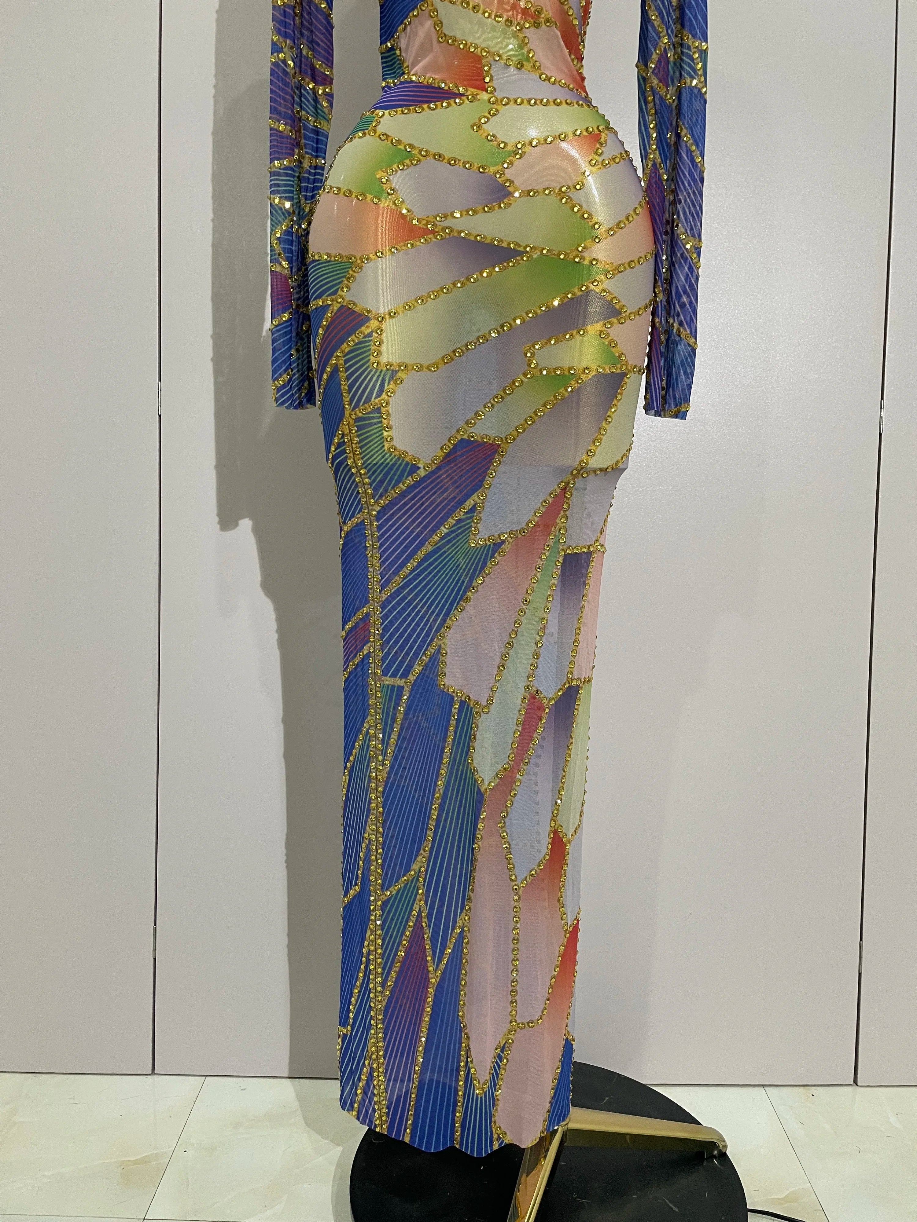 Novo vestido longo de malha elástica com strass brilhante e luxuoso 2025, transparente, para mulheres, festa de aniversário, boate, palco, fantasia