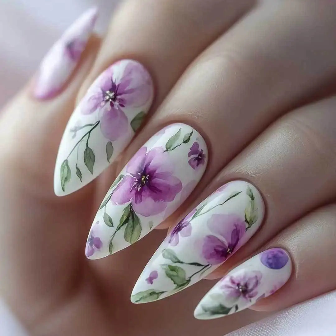 24Pcs Mid-length Almond Fake Nail with Blue Stripe Smudge Design Press on Nails for Woman Datachable Full Cover False Nails Tips