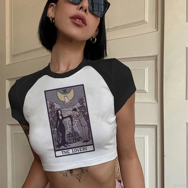 Lady Fashion Women Short Sleeve Summer Harajuku Crop Top Clothes Tshirt Female Tarot Print Cute Lovely Casual Aesthetic T-Shirt