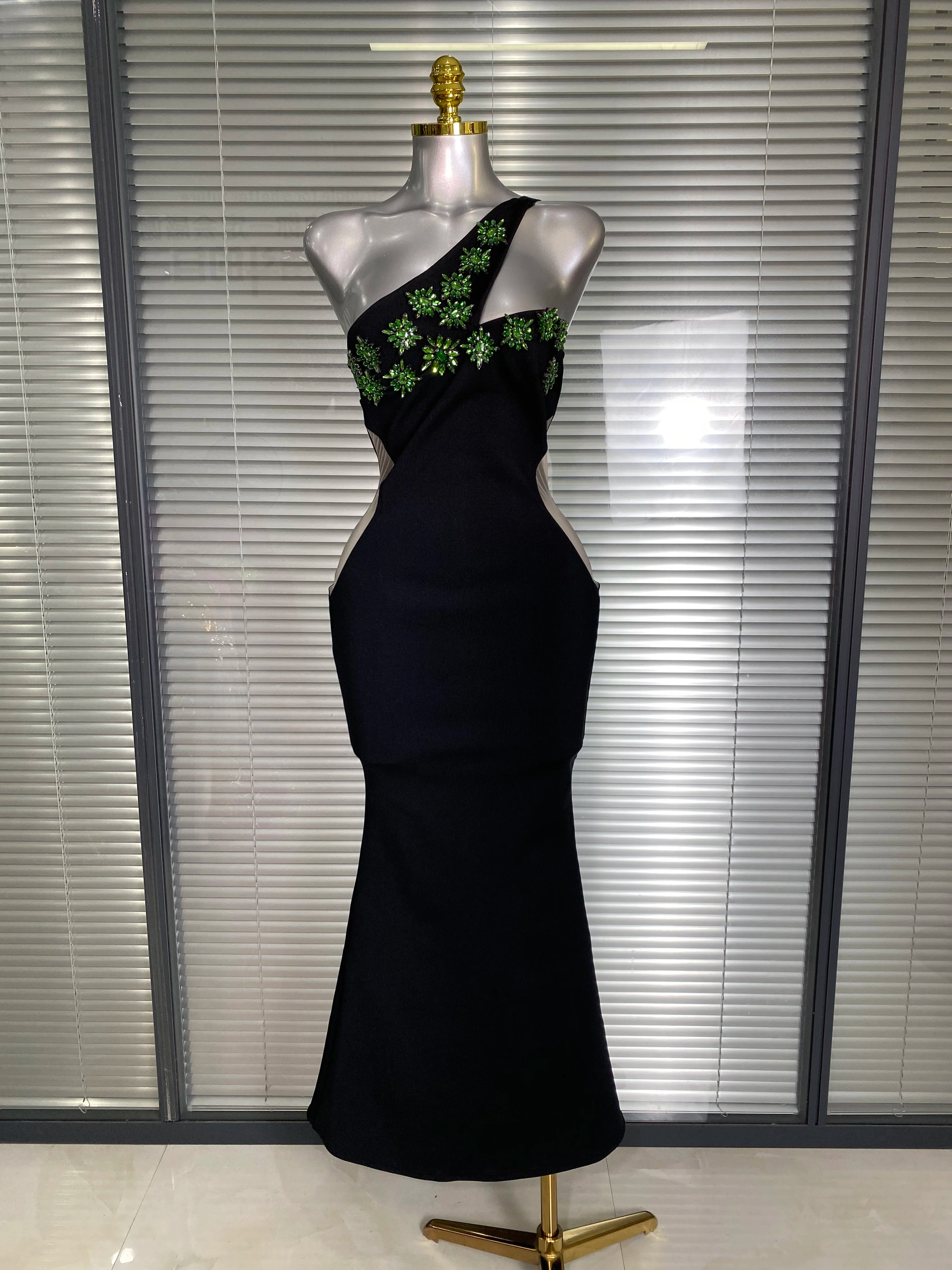 Summer New 2025 Women Black One Shoulder Long Bodycon Bandage Dress Green Flower Crystal Evening Party Dress Vestido