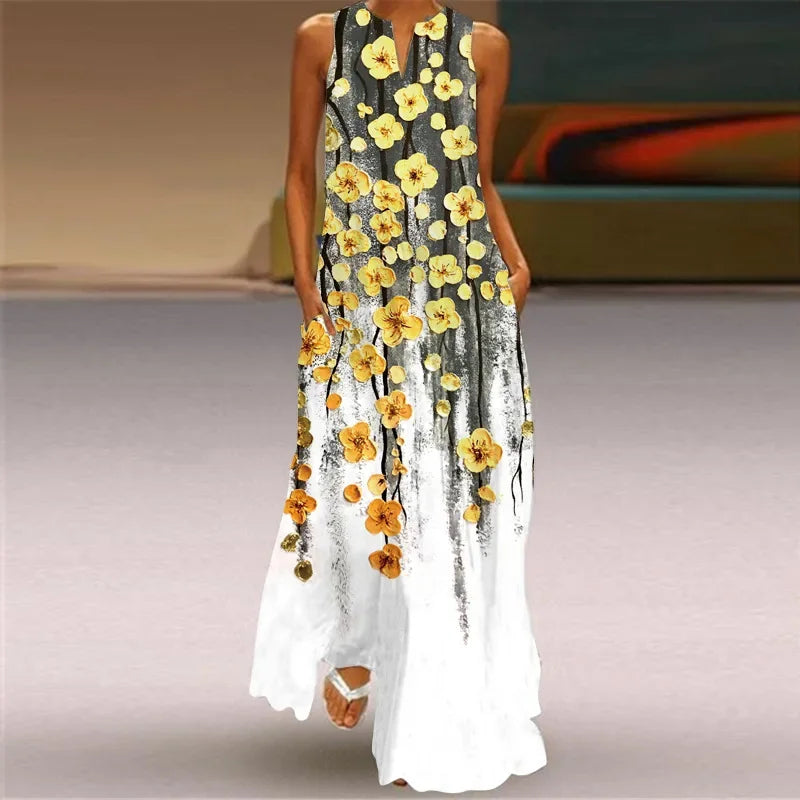 Vestido longo feminino elegante com decote em V, estampa floral fresca, sem mangas, solto, reto, praia, férias, vestido longo