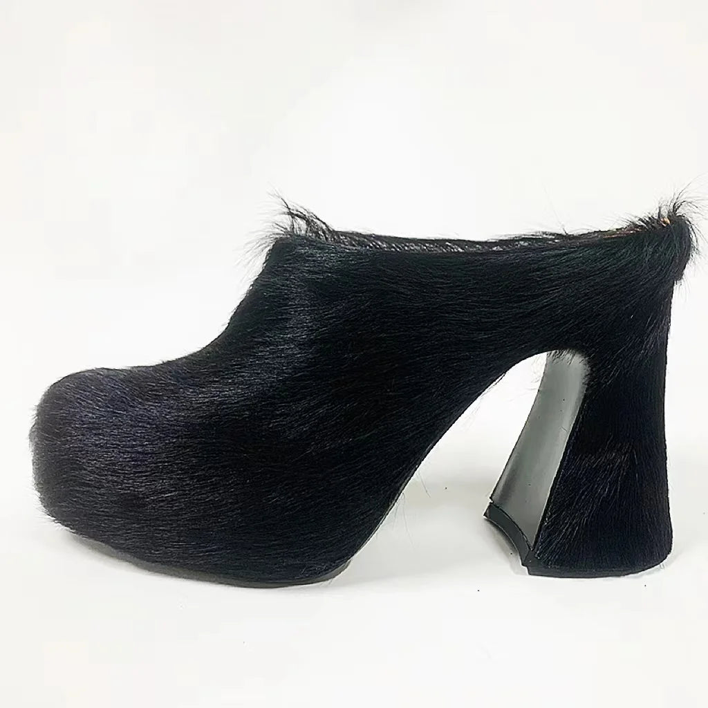 Fur Leather High Heels Women 2024 Designer Elegant Platform Women Mules Slipper Shoes For Wedding Party Dress Shoes black