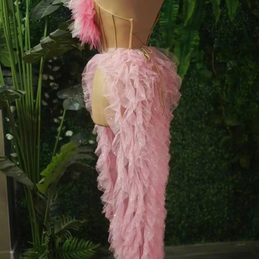 Fashion Women Sexy Strapless Ruffles 2 Pieces Bodycon Long Dress Celebrate Nightclub Party Performance Costume