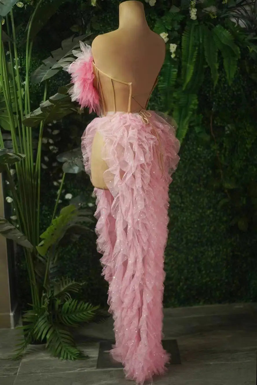 Fashion Women Sexy Strapless Ruffles 2 Pieces Bodycon Long Dress Celebrate Nightclub Party Performance Costume