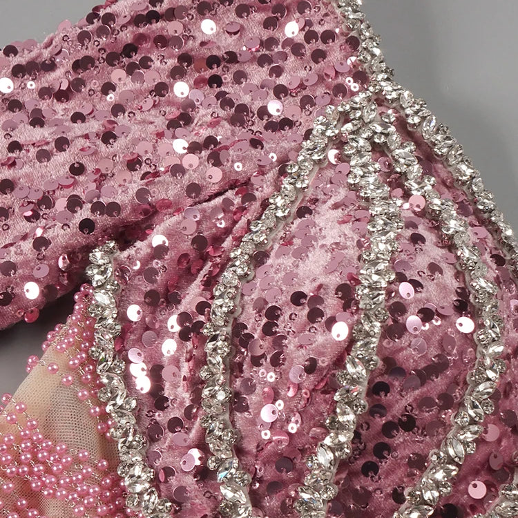 VC Pink Sparkly Sequins Long Dress Pearls Chains Design Off the Shoulder Long Sleeves Formal Occasion Mermaid Party Evening Gown