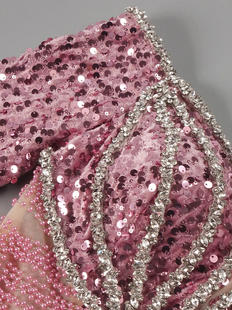 VC Pink Sparkly Sequins Long Dress Pearls Chains Design Off the Shoulder Long Sleeves Formal Occasion Mermaid Party Evening Gown