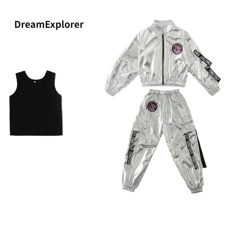Hip Hop Boys Silver Jacket Girls Jazz Jogger Pants Street Dance Mini Skirt Clothes Sets Kids Sequin Costumes Child Streetwear Boy 3 Pcs Sets