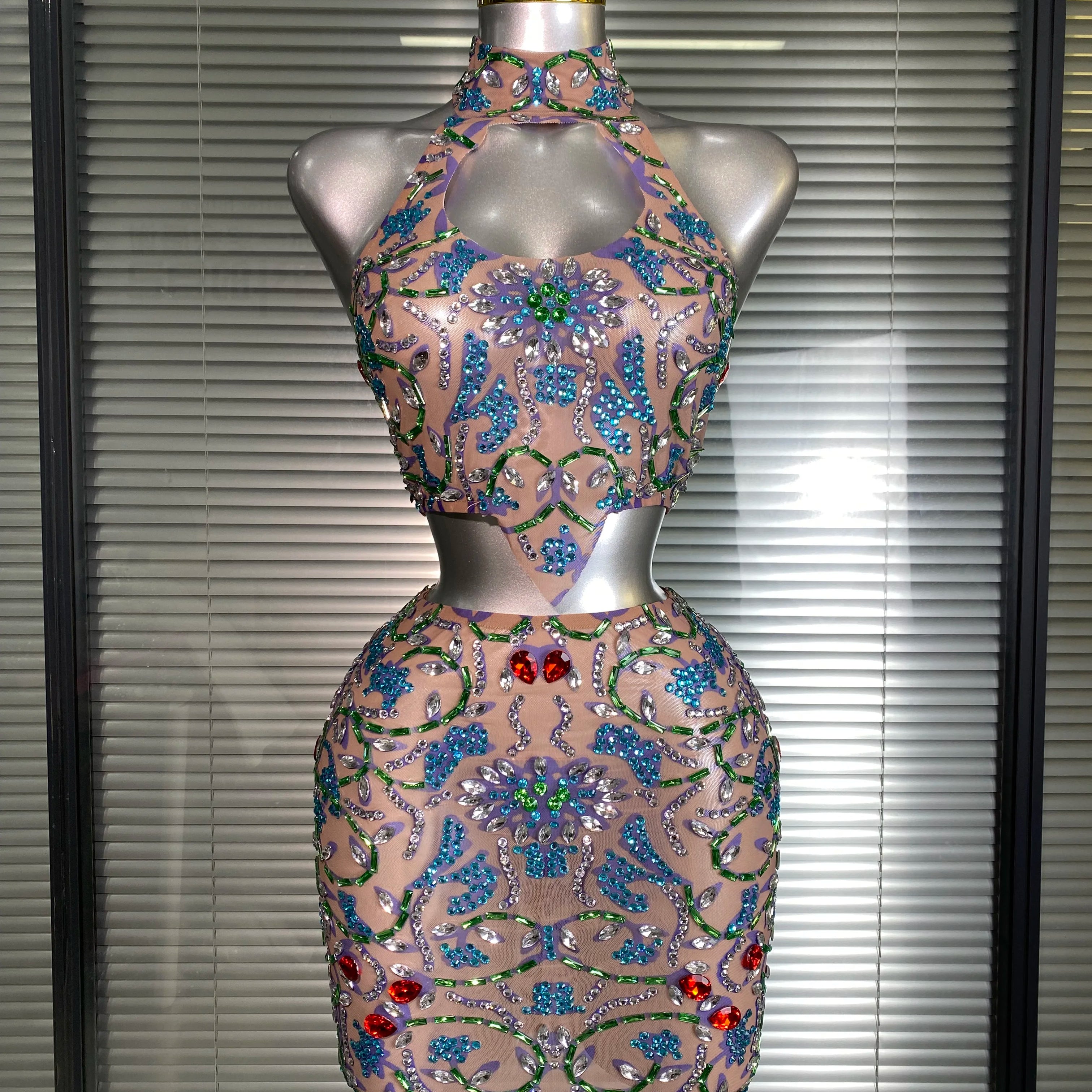 New Women Sexy Two Pieces Set Crystal Diamond Halter Skirt Suits Singer Dancer See Through Stage Performance Costume